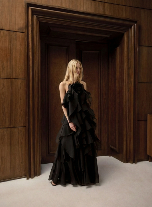 Polyester Halter Neck Backless Long Dress with Ruffle Patchwork