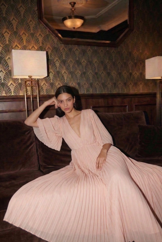 Elegant V-Neck Pleated Long Dress