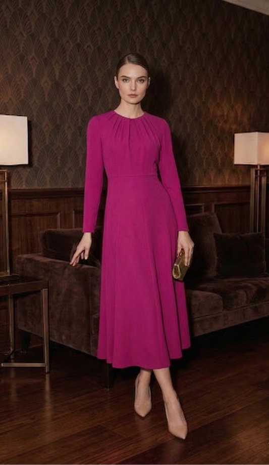 Polyester A-Line Dress - Rose Red, High Waist, Long Sleeve