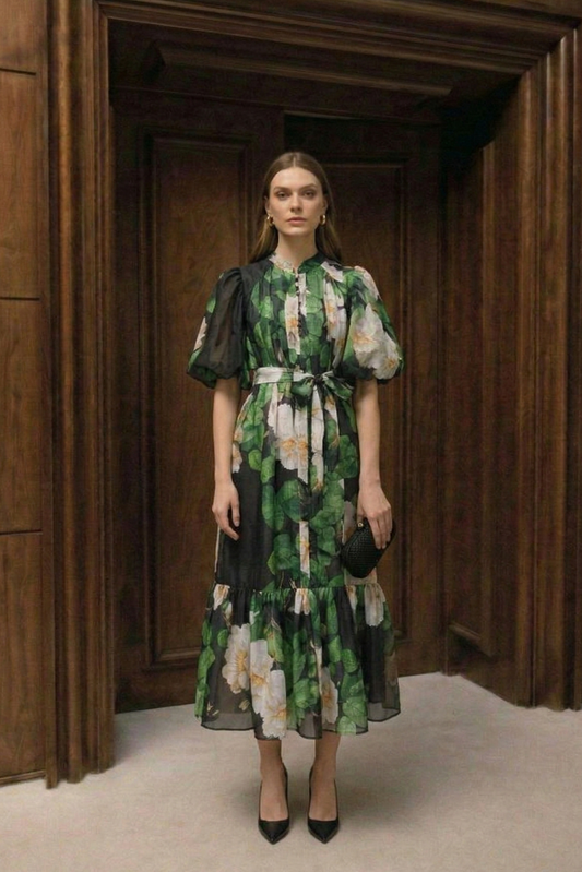 Polyester Puff Sleeve Long Dress with Lace-Up Waist