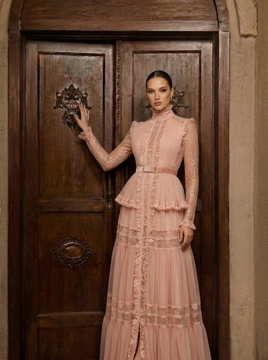 Sophisticated Pink Ruffle-Trim Maxi Dress