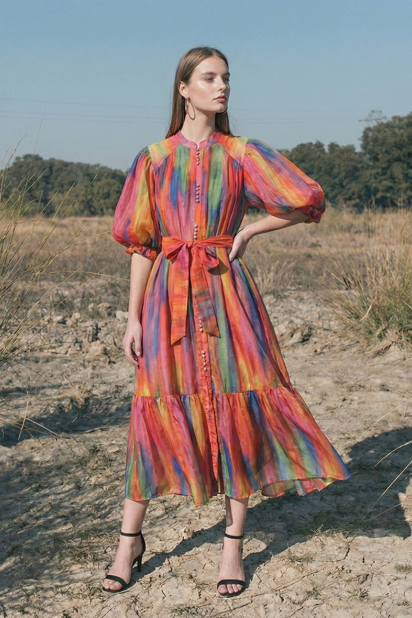 Polyester Long Dress with Waist Tie and Elegant Print