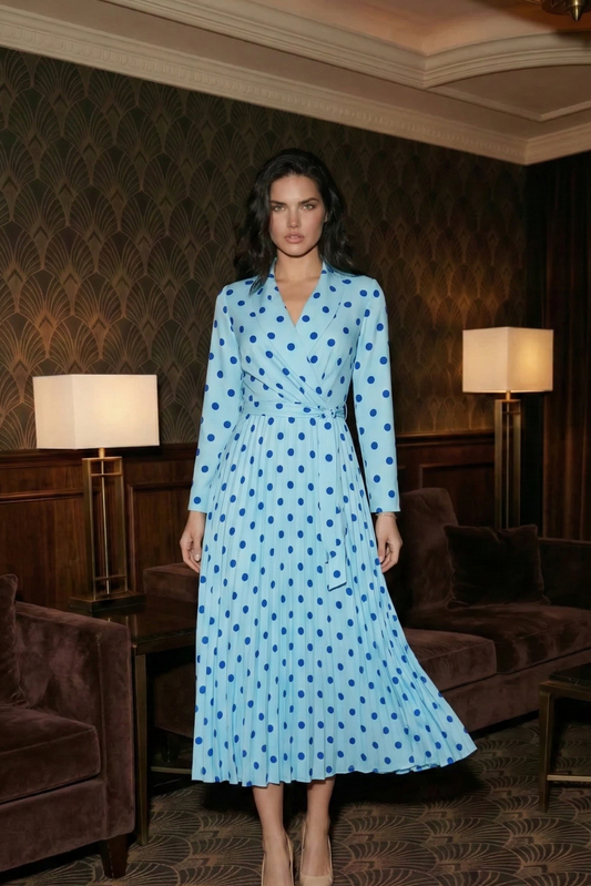 Satin Polka Dot Dress - Elegant A-Line Pleated Design