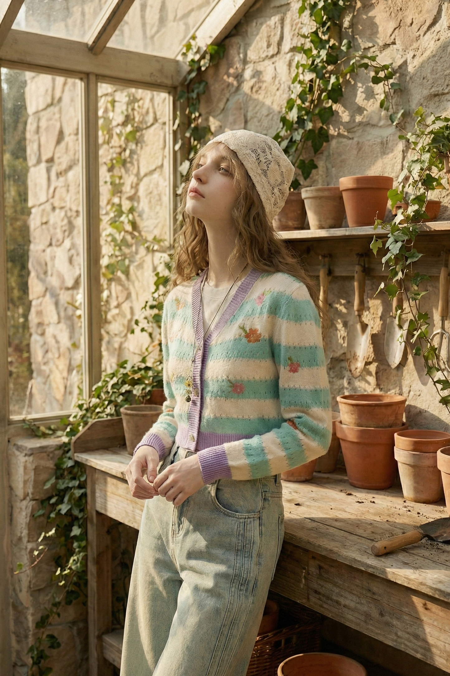 Viscose Striped Color-Block Embroidered Knitted Cardigan