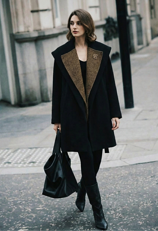Wool Blend Coat - Large Lapel Truffle Black Overcoat for Autumn Winter