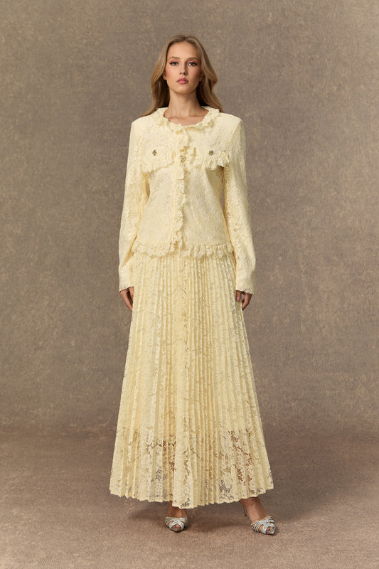 Lace Ruffle Jacket and Pleated Maxi Skirt Set