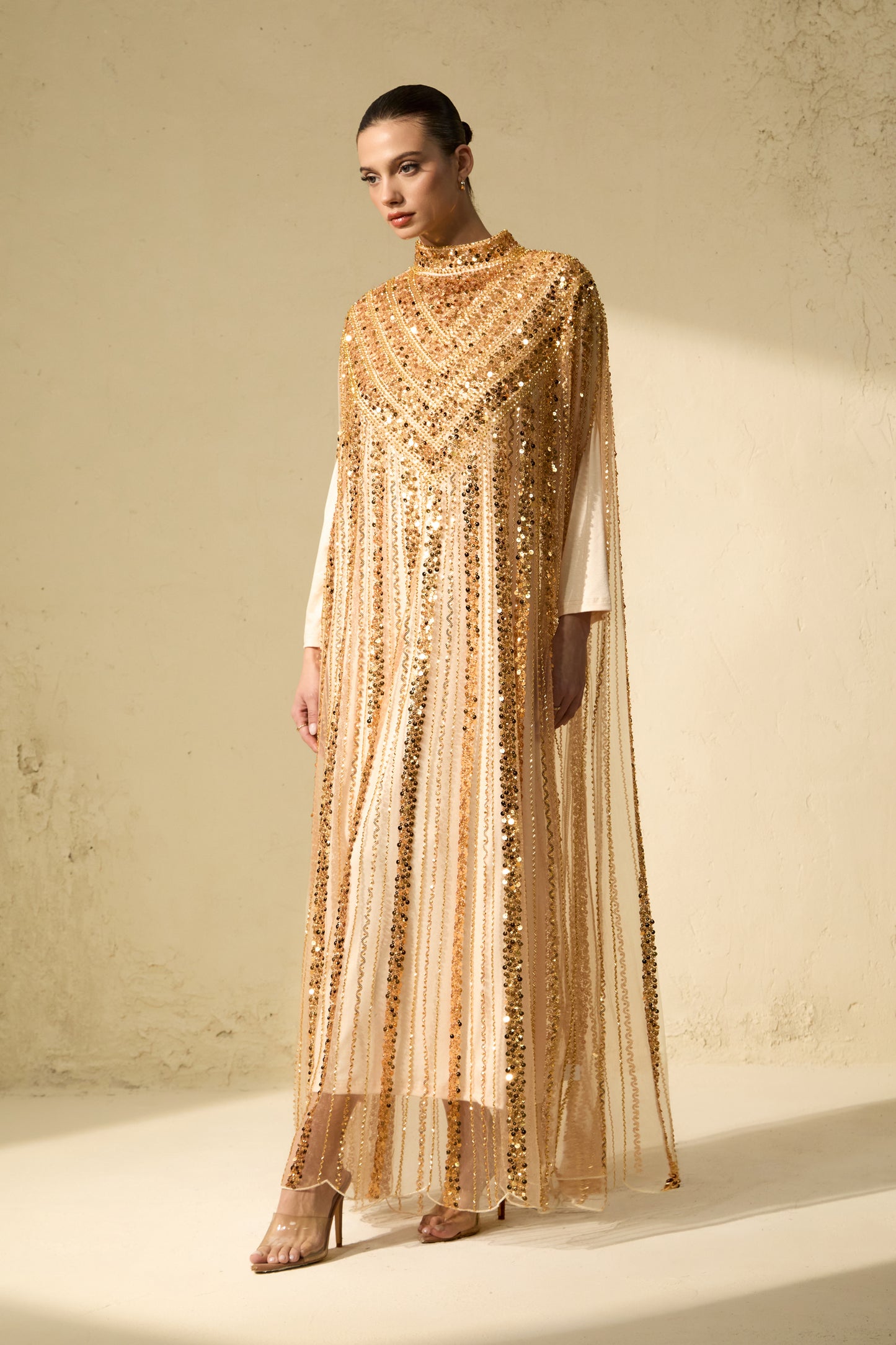 Luxury Gold Chevron Sequin Maxi Tulle Dress