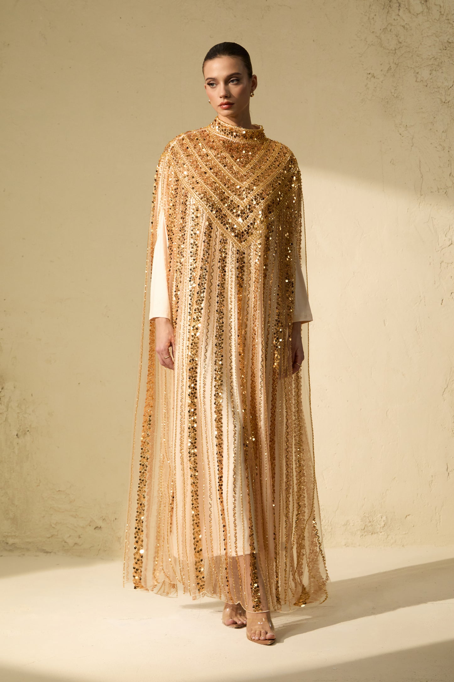 Luxury Gold Chevron Sequin Maxi Tulle Dress