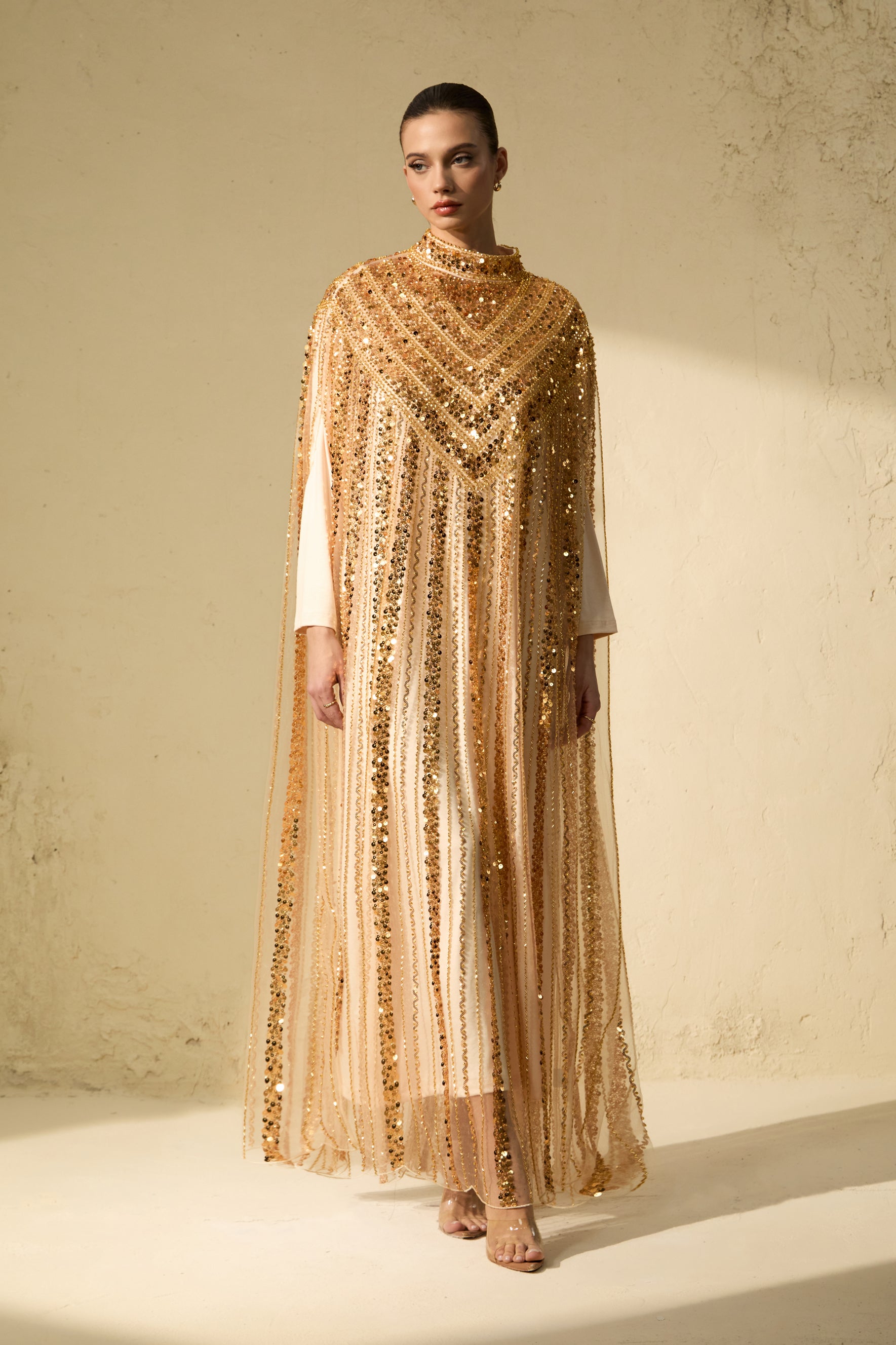 Luxury Gold Chevron Sequin Maxi Tulle Dress
