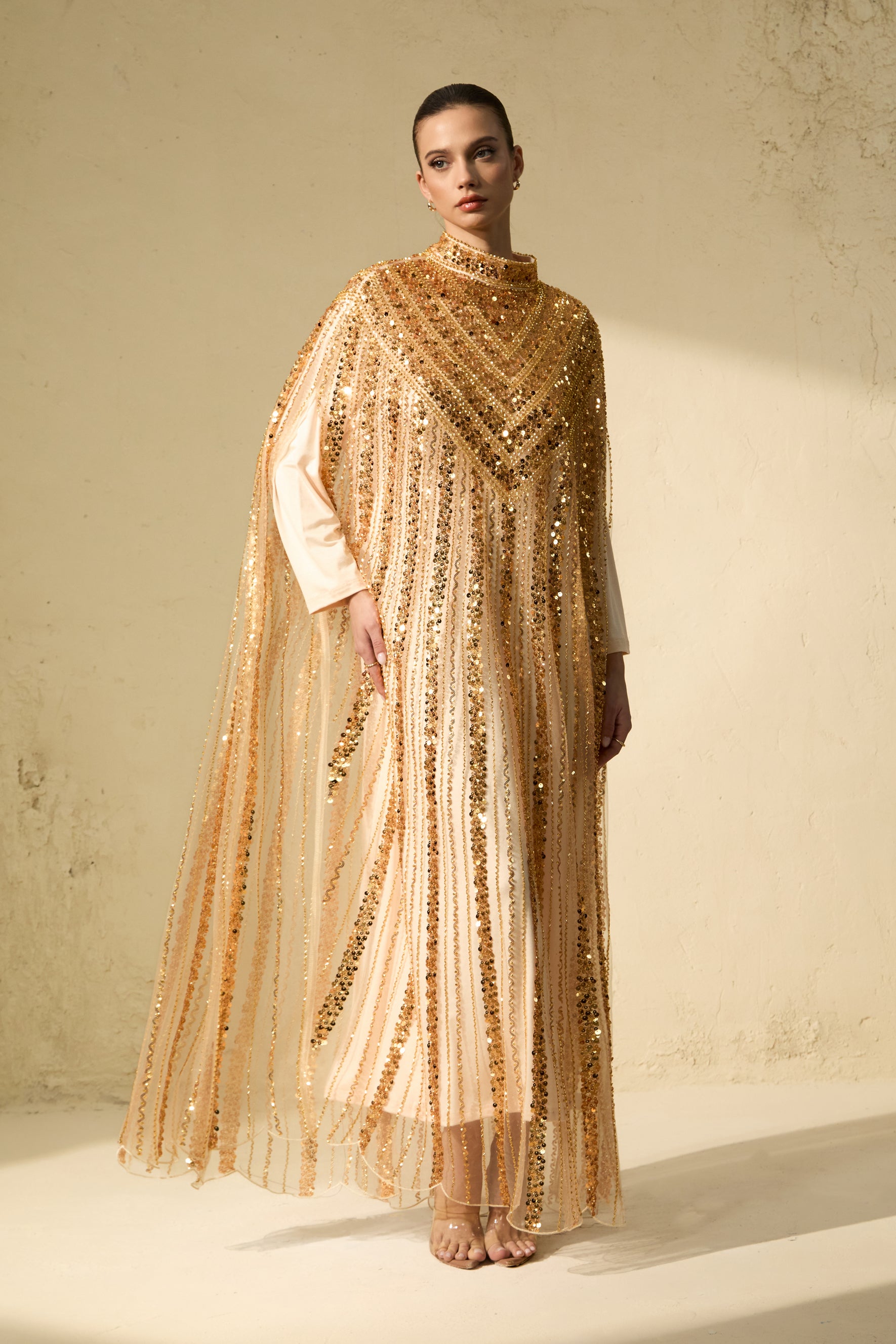 Luxury Gold Chevron Sequin Maxi Tulle Dress