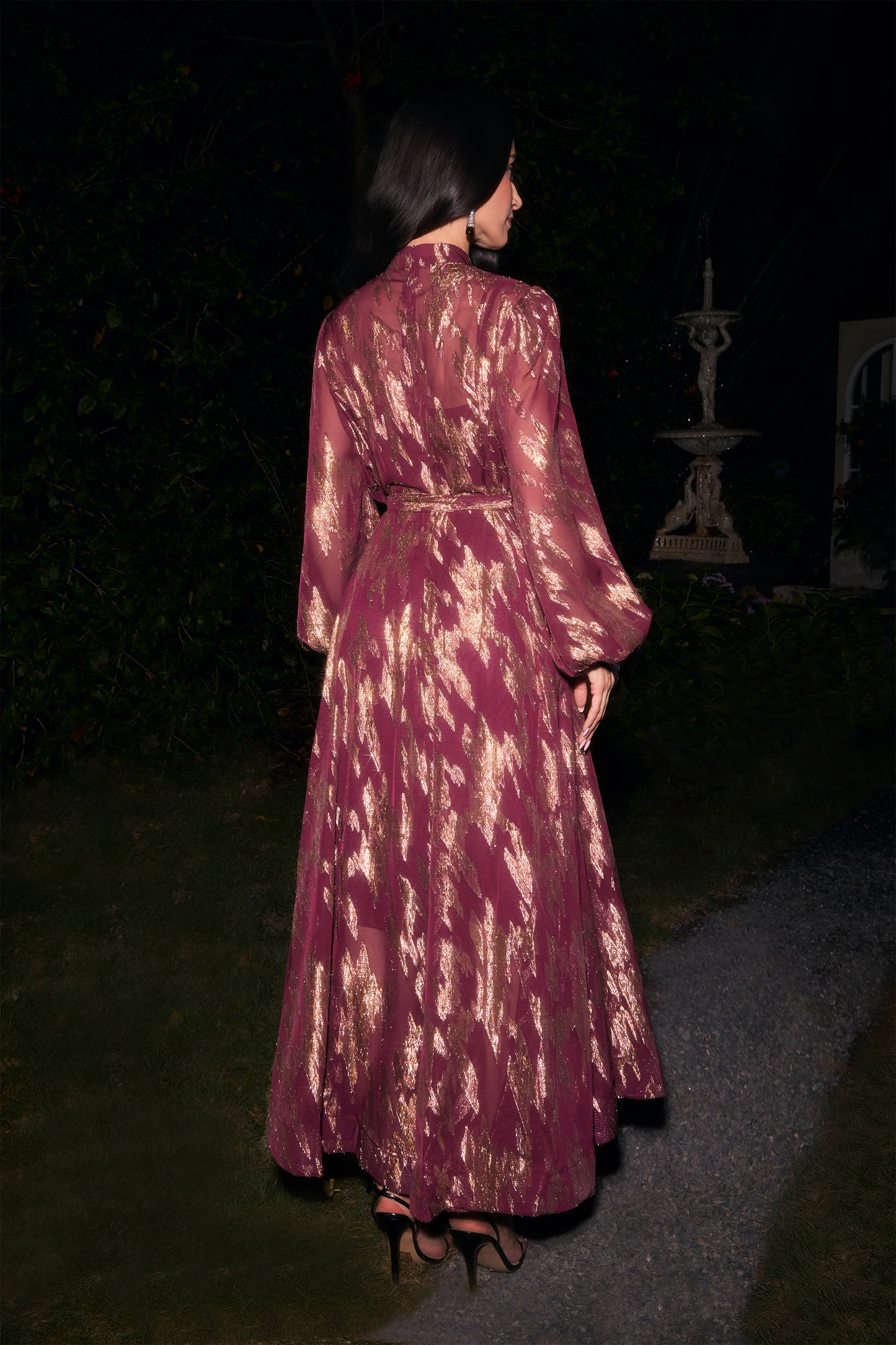 Metallic Print Puff Sleeve Maxi Dress