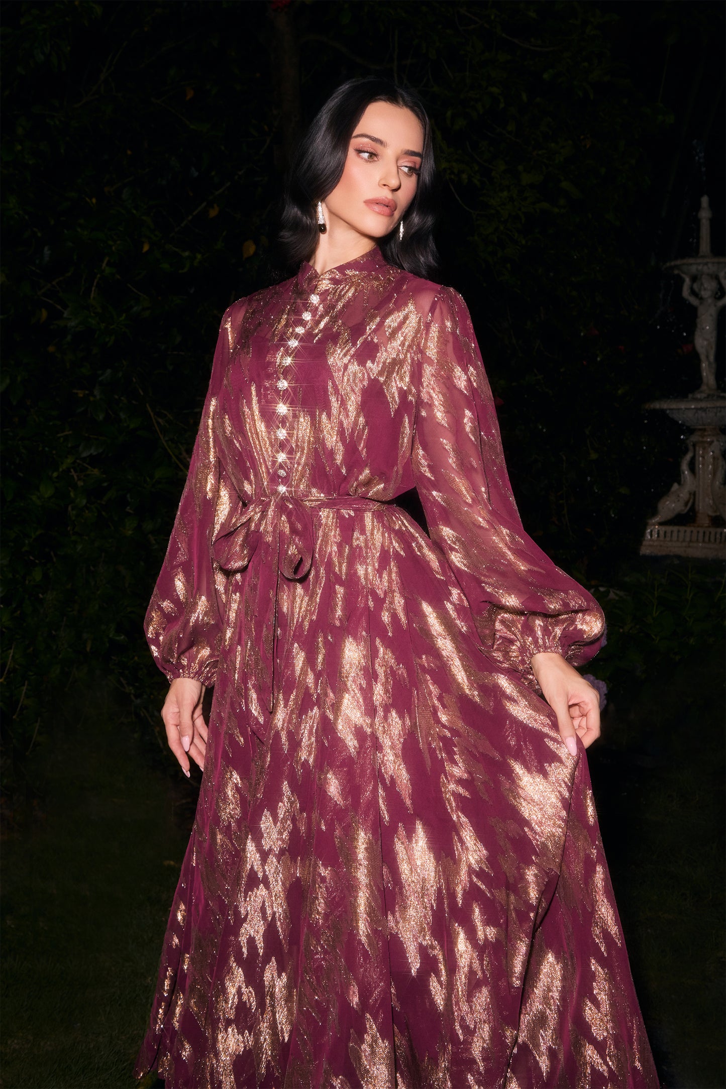 Metallic Print Puff Sleeve Maxi Dress