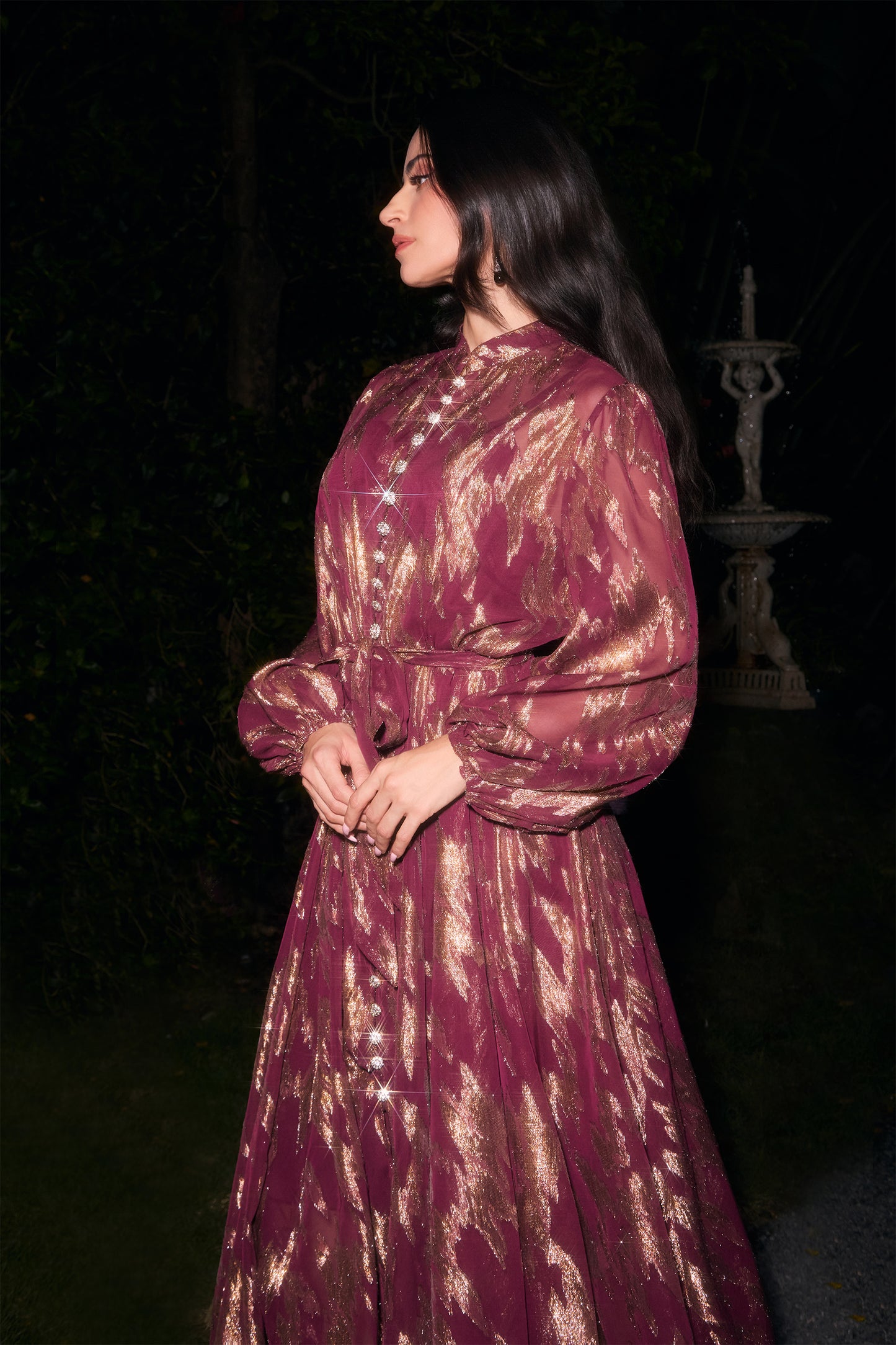 Metallic Print Puff Sleeve Maxi Dress