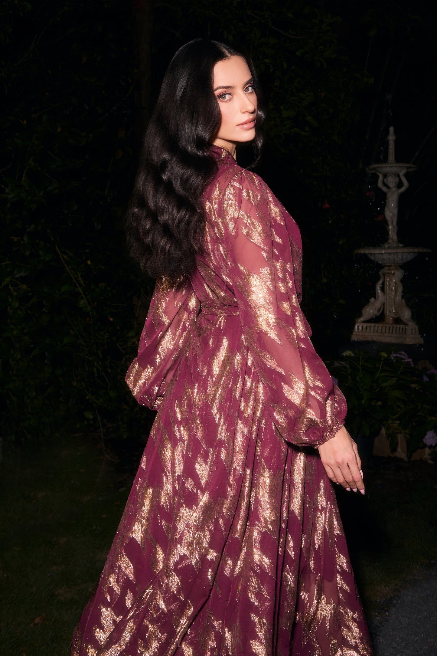 Metallic Print Puff Sleeve Maxi Dress