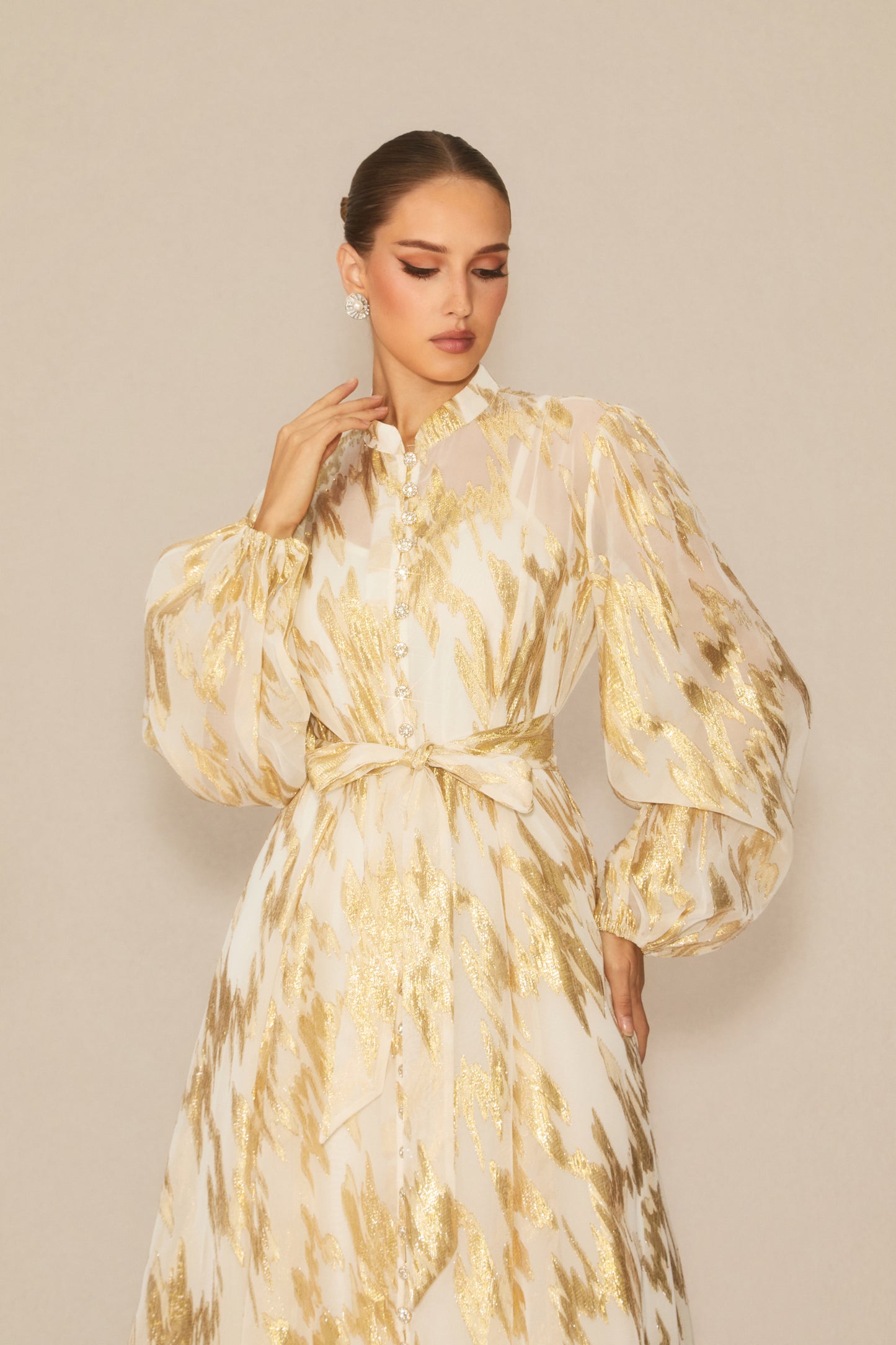 Metallic Print Puff Sleeve Maxi Dress