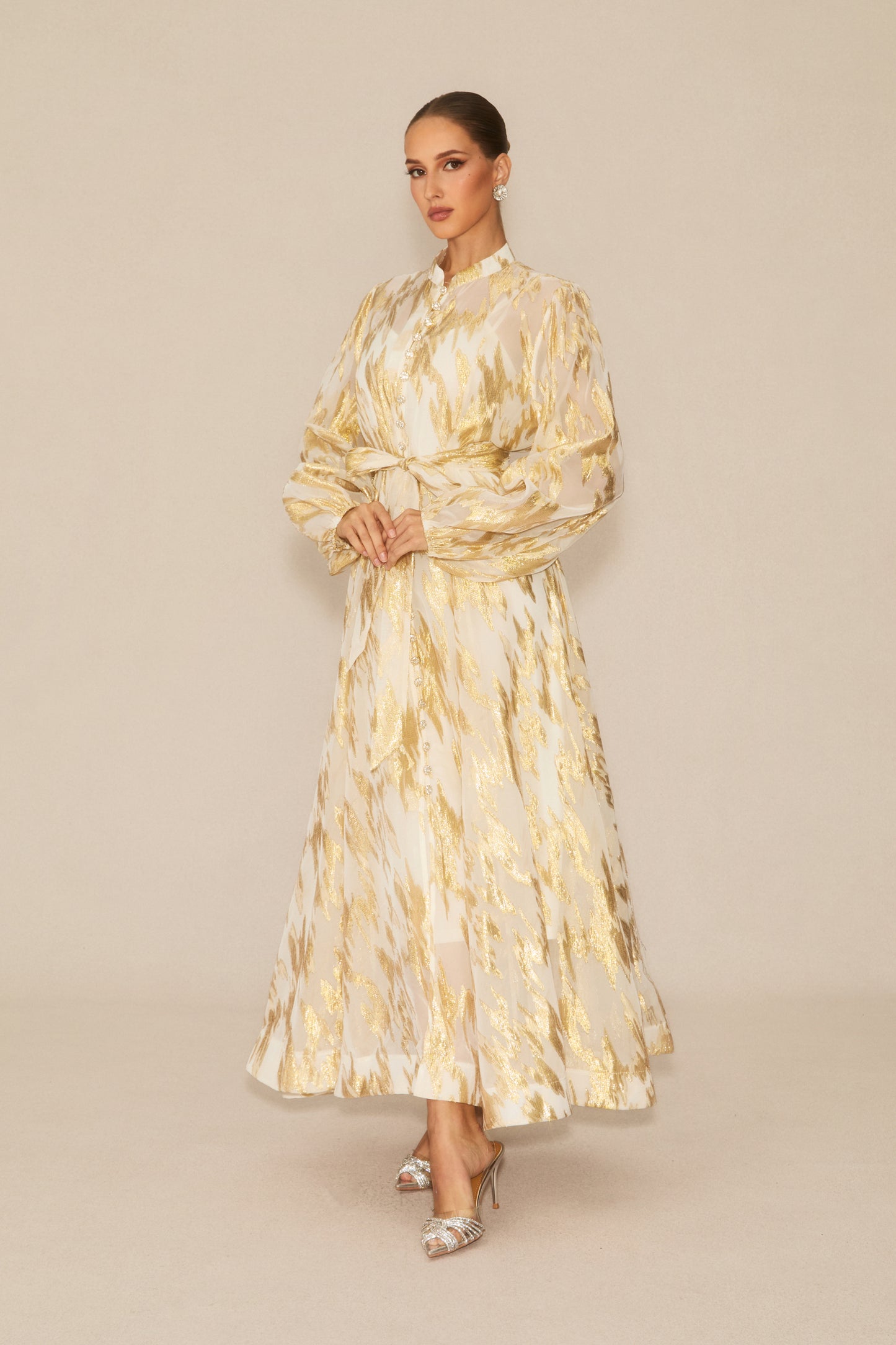 Metallic Print Puff Sleeve Maxi Dress