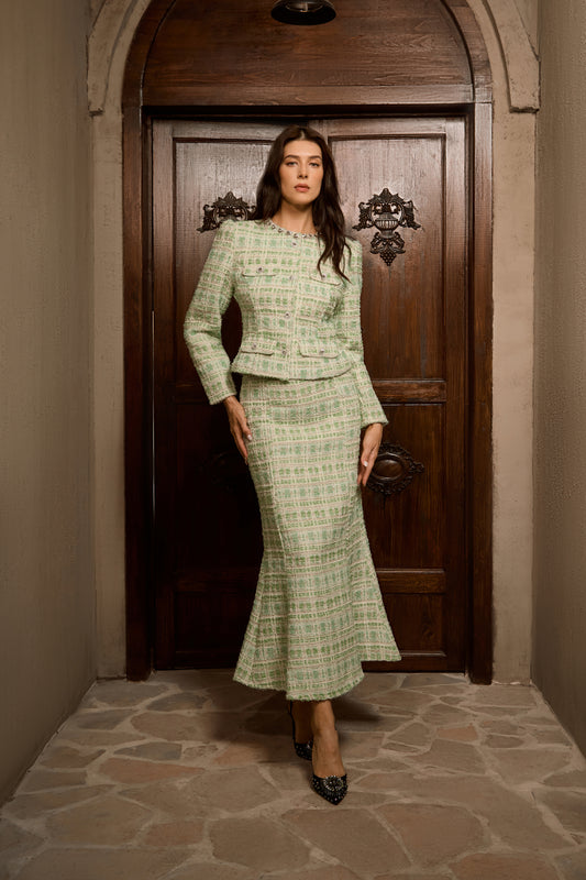 Mint Green Tweed Crystal Trim Top and Skirt Set