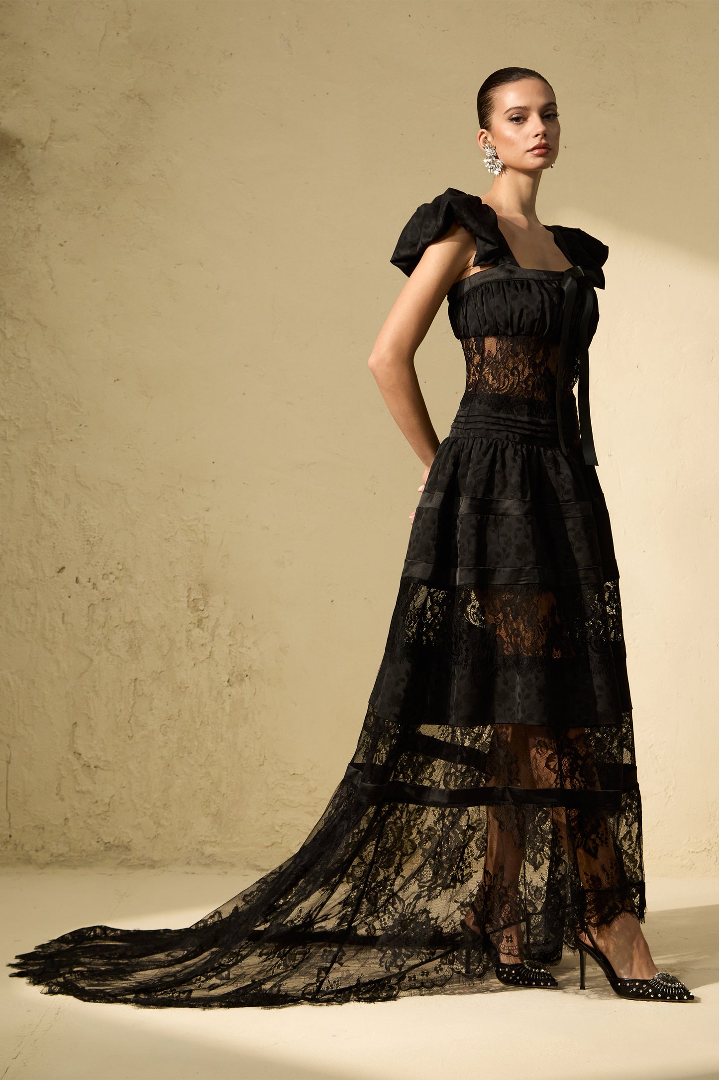 Mystical Lace Panel Puff Sleeve Maxi Dress