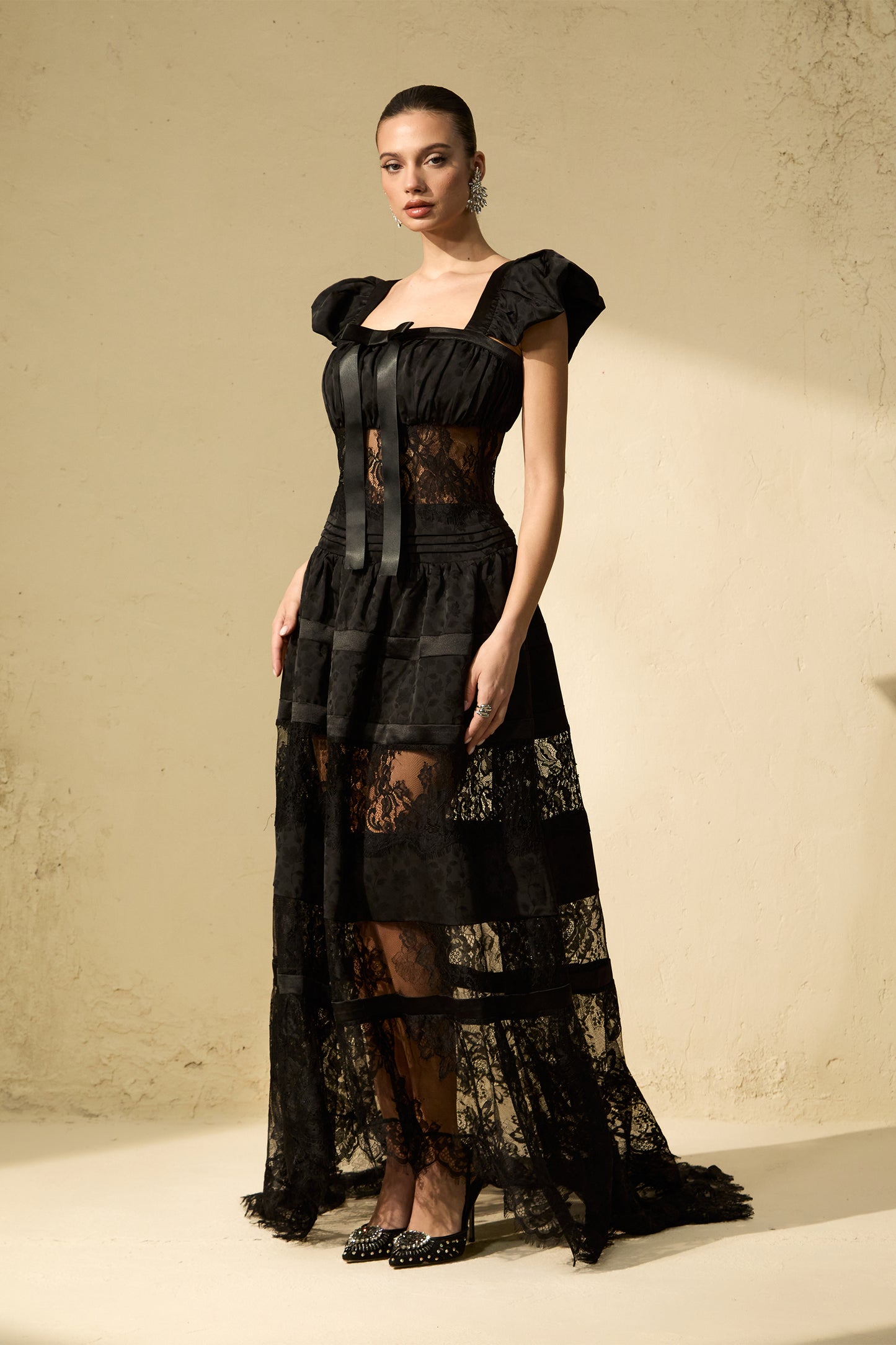 Mystical Lace Panel Puff Sleeve Maxi Dress