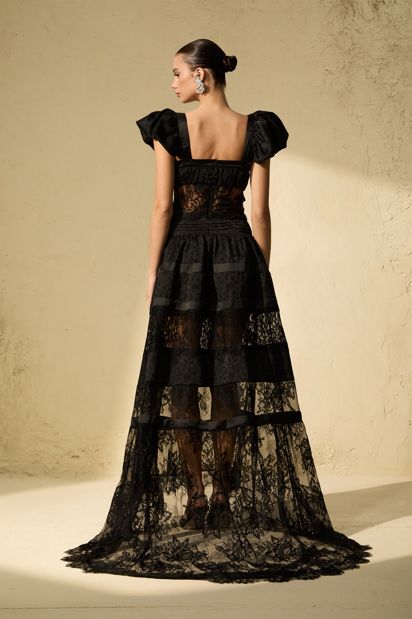 Mystical Lace Panel Puff Sleeve Maxi Dress