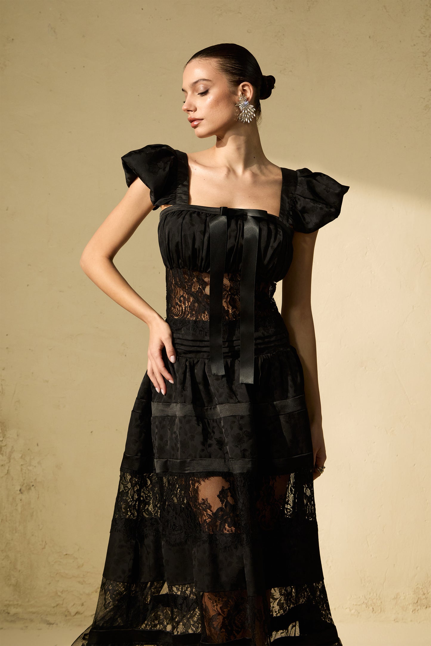 Mystical Lace Panel Puff Sleeve Maxi Dress