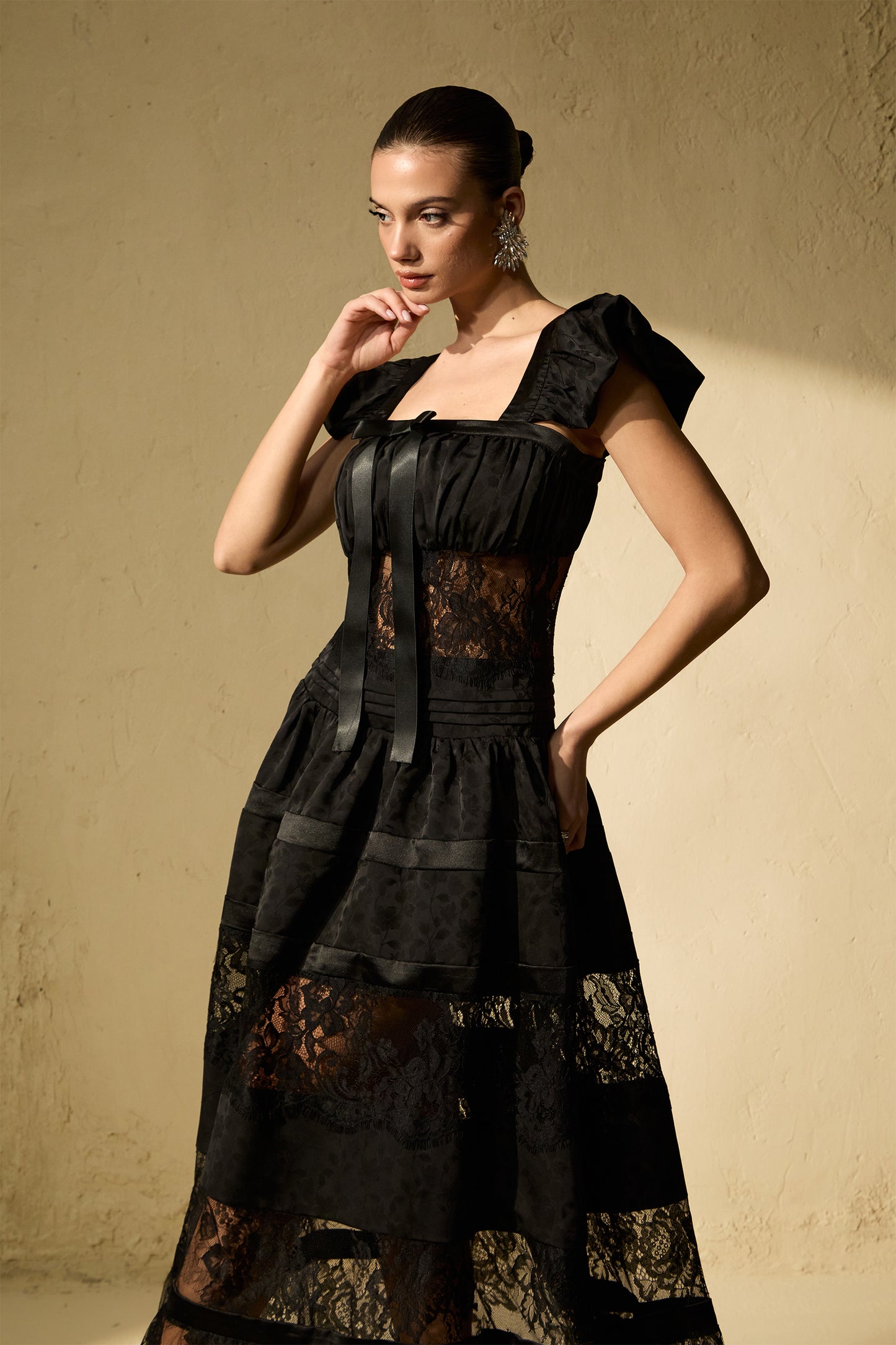 Mystical Lace Panel Puff Sleeve Maxi Dress