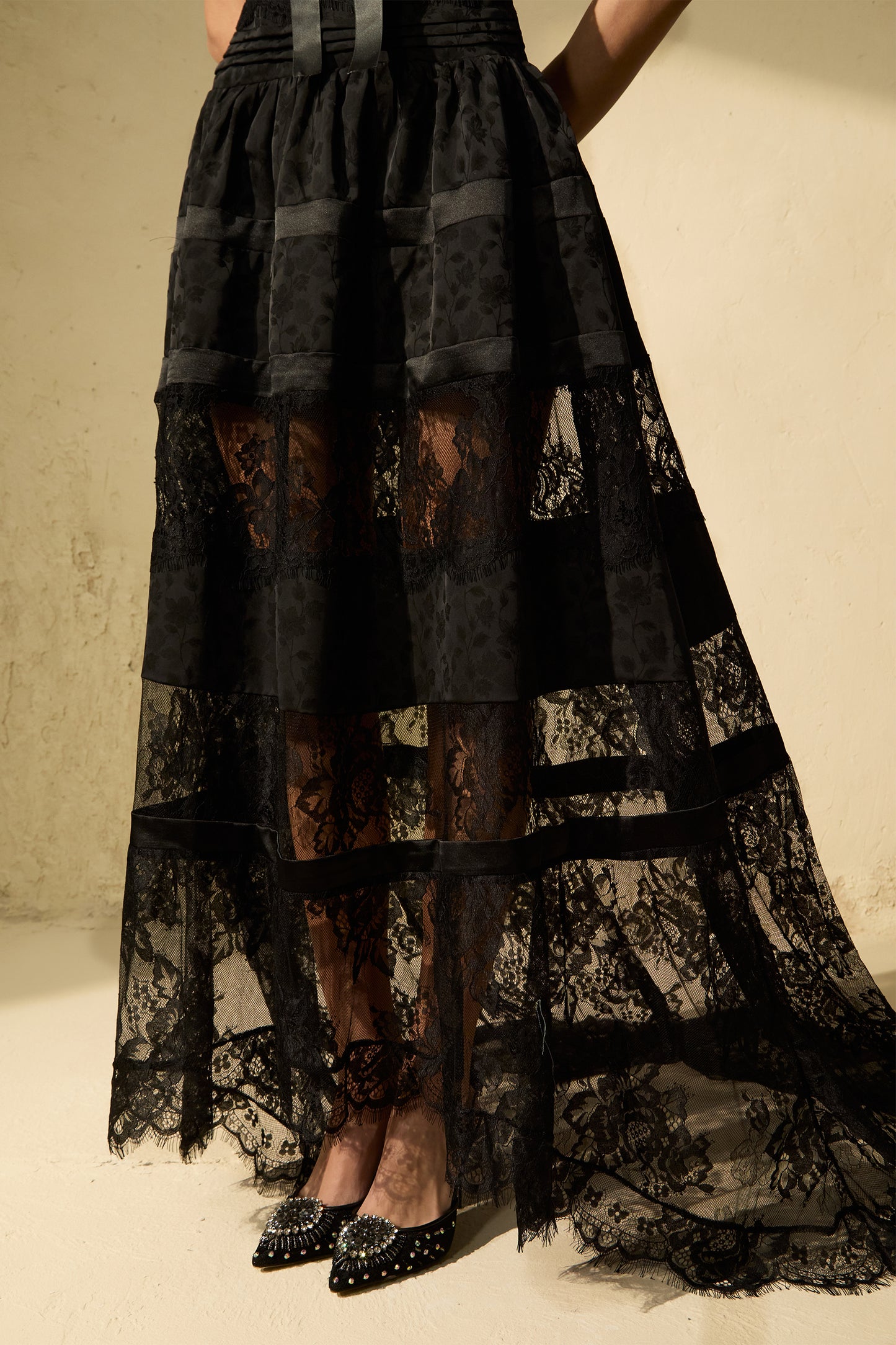 Mystical Lace Panel Puff Sleeve Maxi Dress