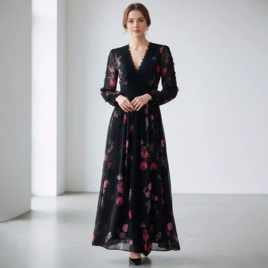 Polyester V-Neck Lace Patchwork Long Dress