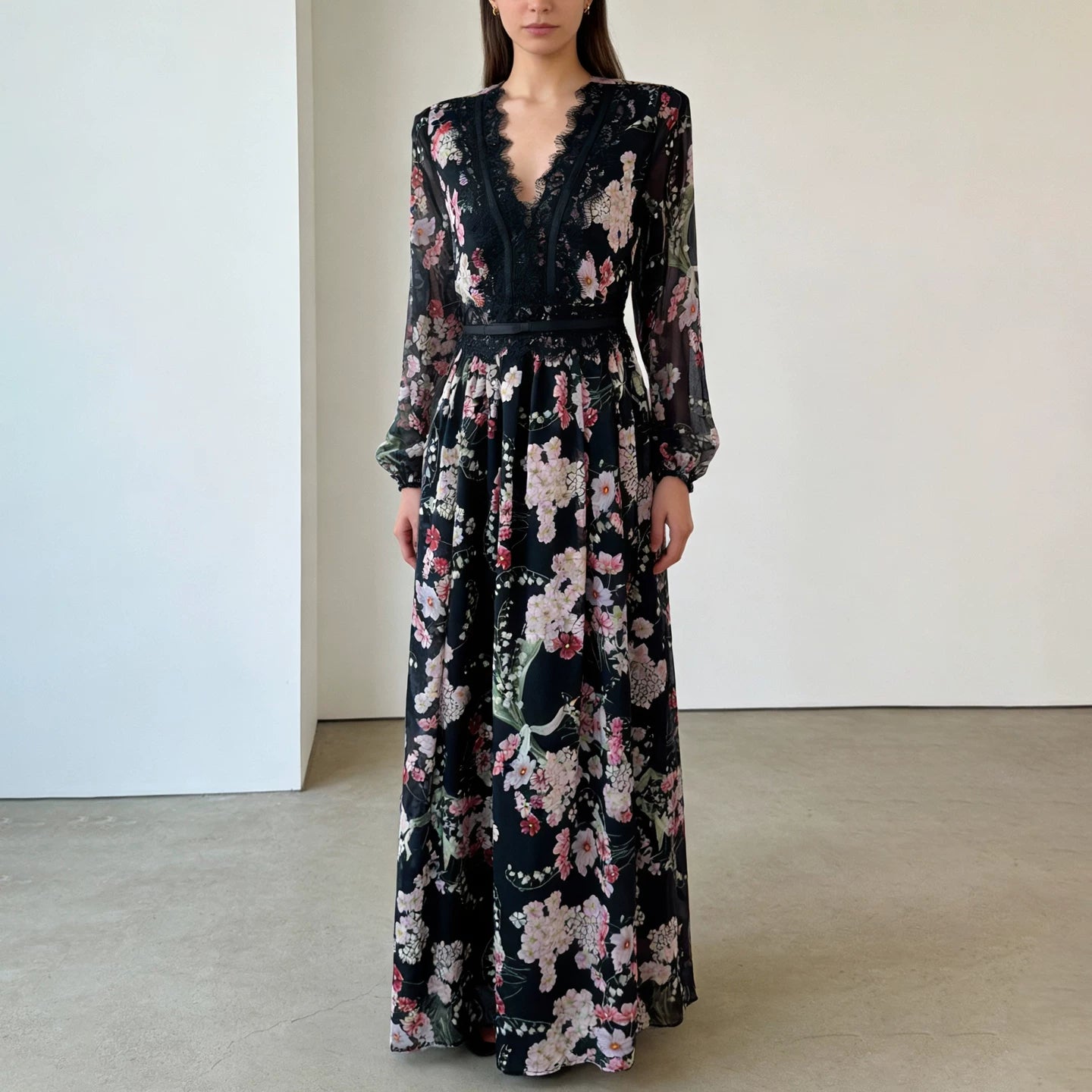 Cotton Lace Detail V-Neck Dress with Bow