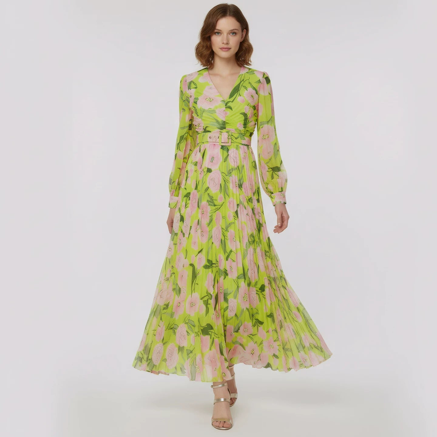 Cotton V-Neck Pleated Dress with Balloon Sleeves