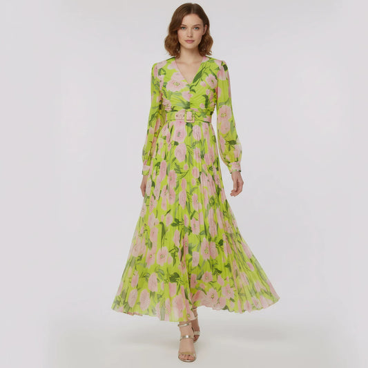 Cotton V-Neck Pleated Dress with Balloon Sleeves