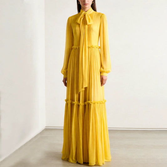 Polyester Yellow Maxi Dress with Ruffle Details