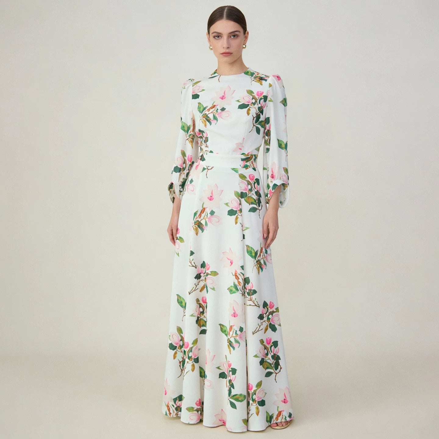 Satin Long Dress with Lantern Sleeves and Elegant Print