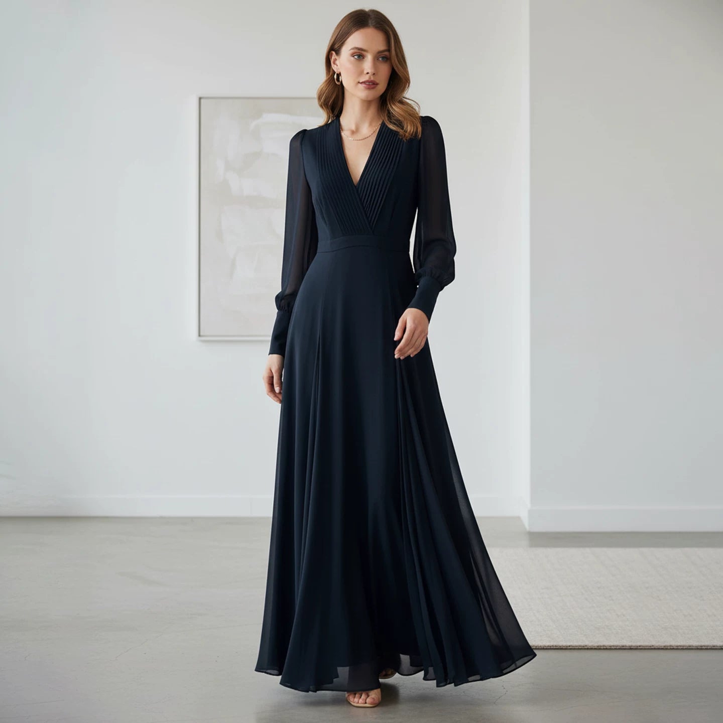 Chiffon V-Neck Pleated Dress with Flowing A-Line Skirt