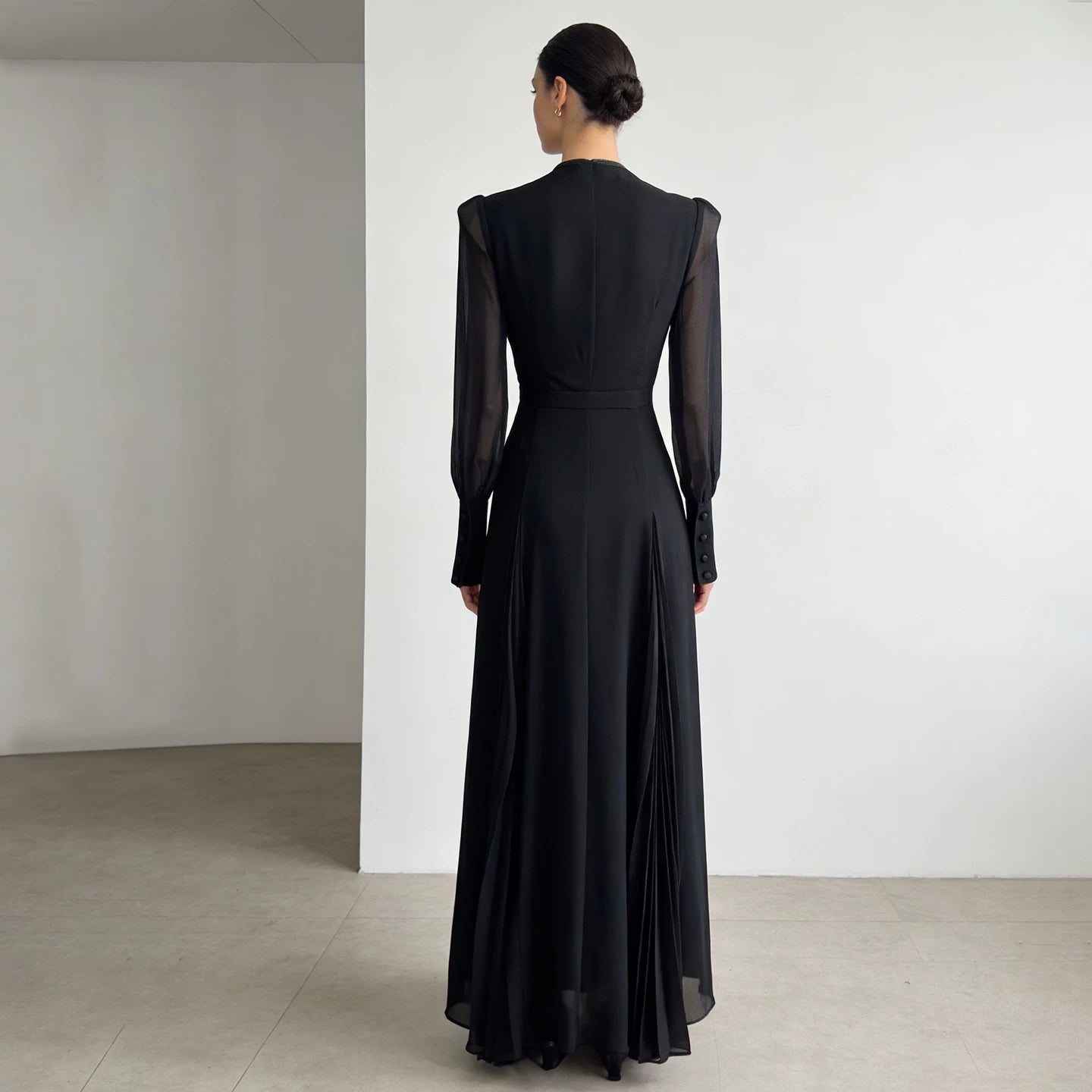 Chiffon V-Neck Pleated Dress with Flowing A-Line Skirt