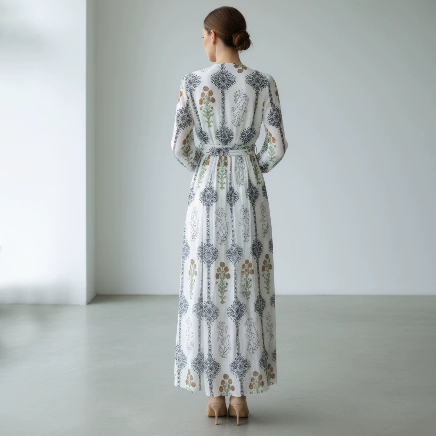 Polyester Floral Long Dress with Lace-Up Detail