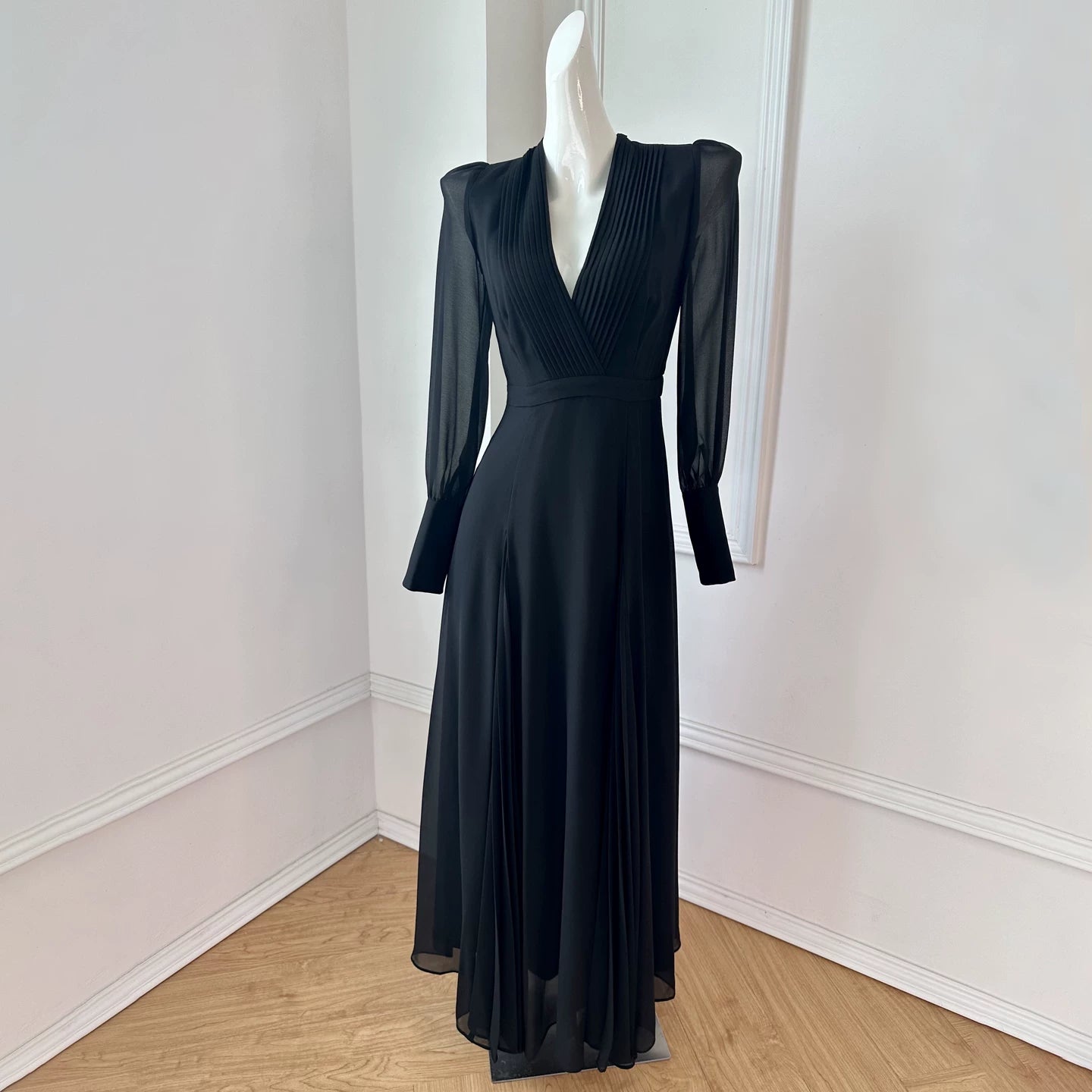 Chiffon V-Neck Pleated Dress with Flowing A-Line Skirt