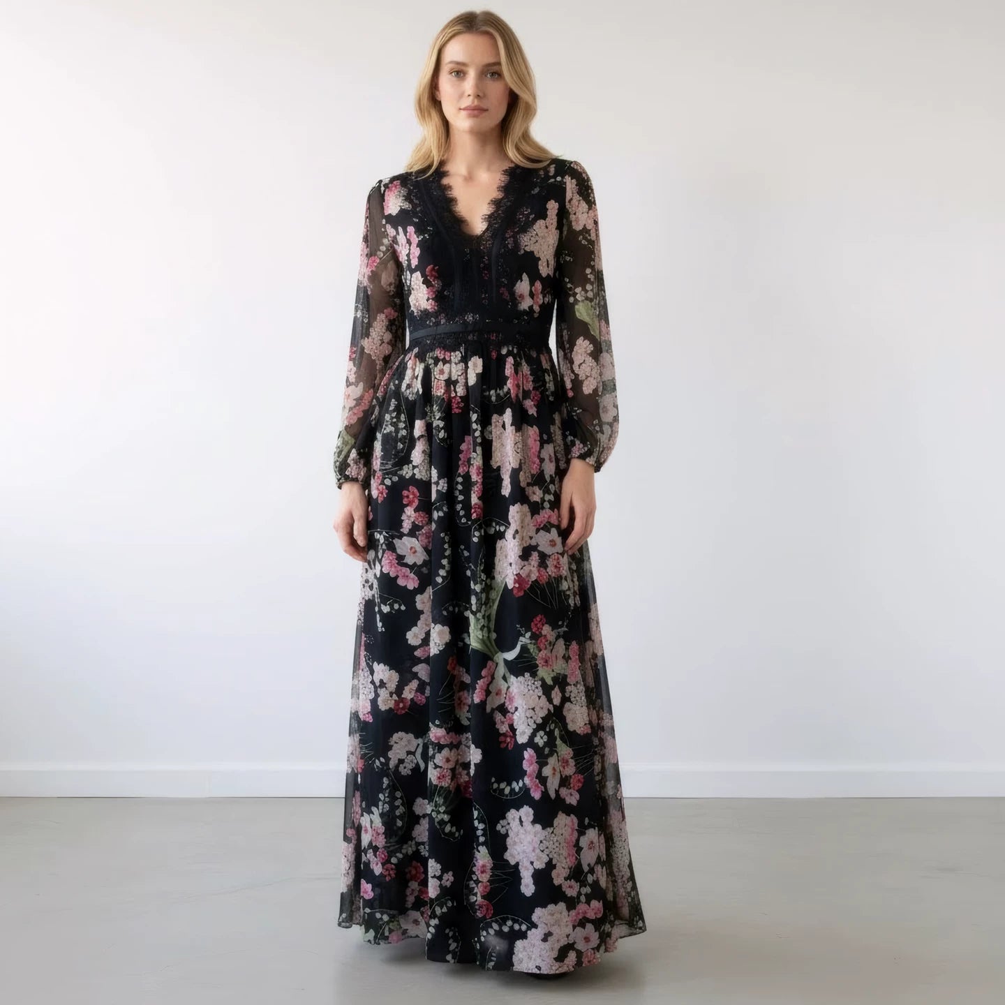 Cotton Lace Detail V-Neck Dress with Bow