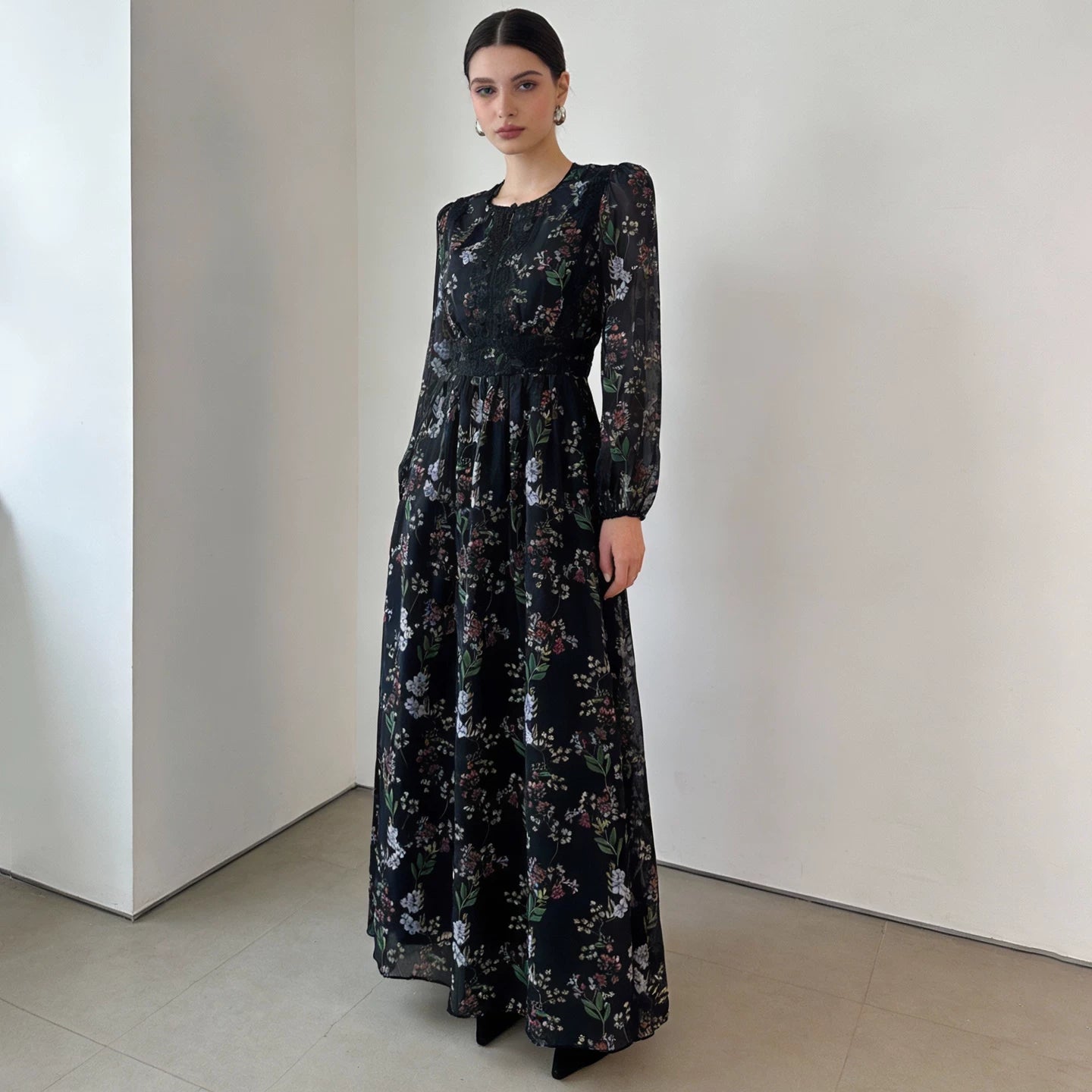 Mulberry Silk Lace Long Dress with Hollow-Out Design
