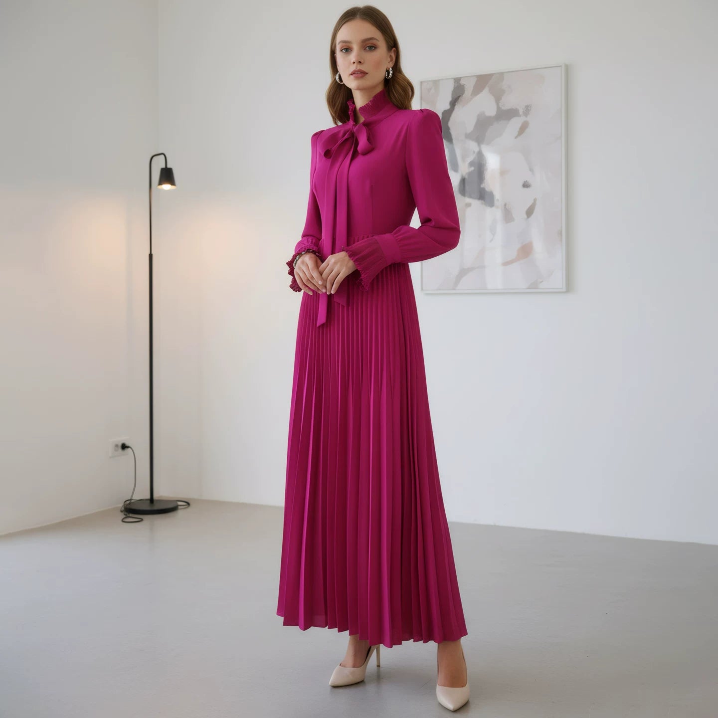 Polyester Long-Sleeve Dress with Pleated Skirt and Tie-Neck