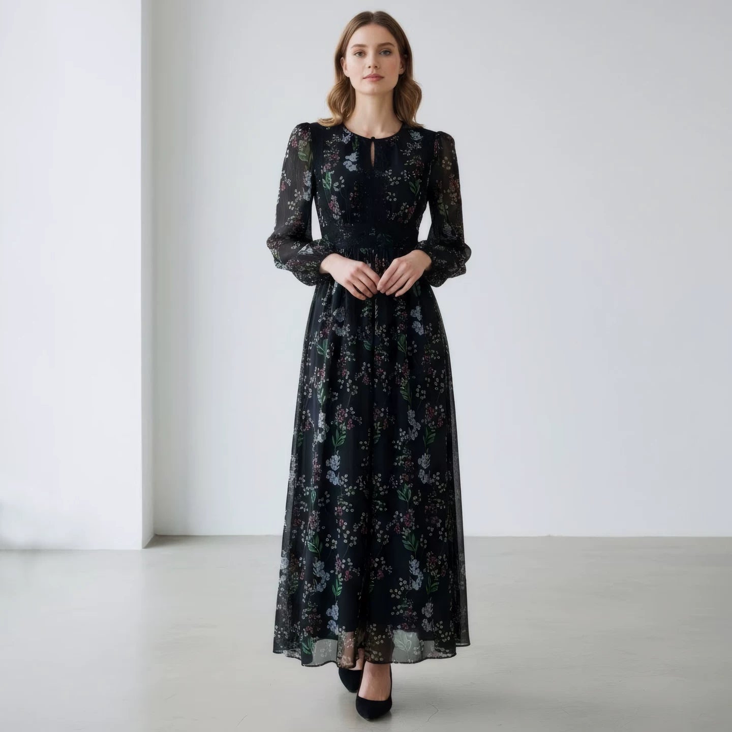 Mulberry Silk Lace Long Dress with Hollow-Out Design