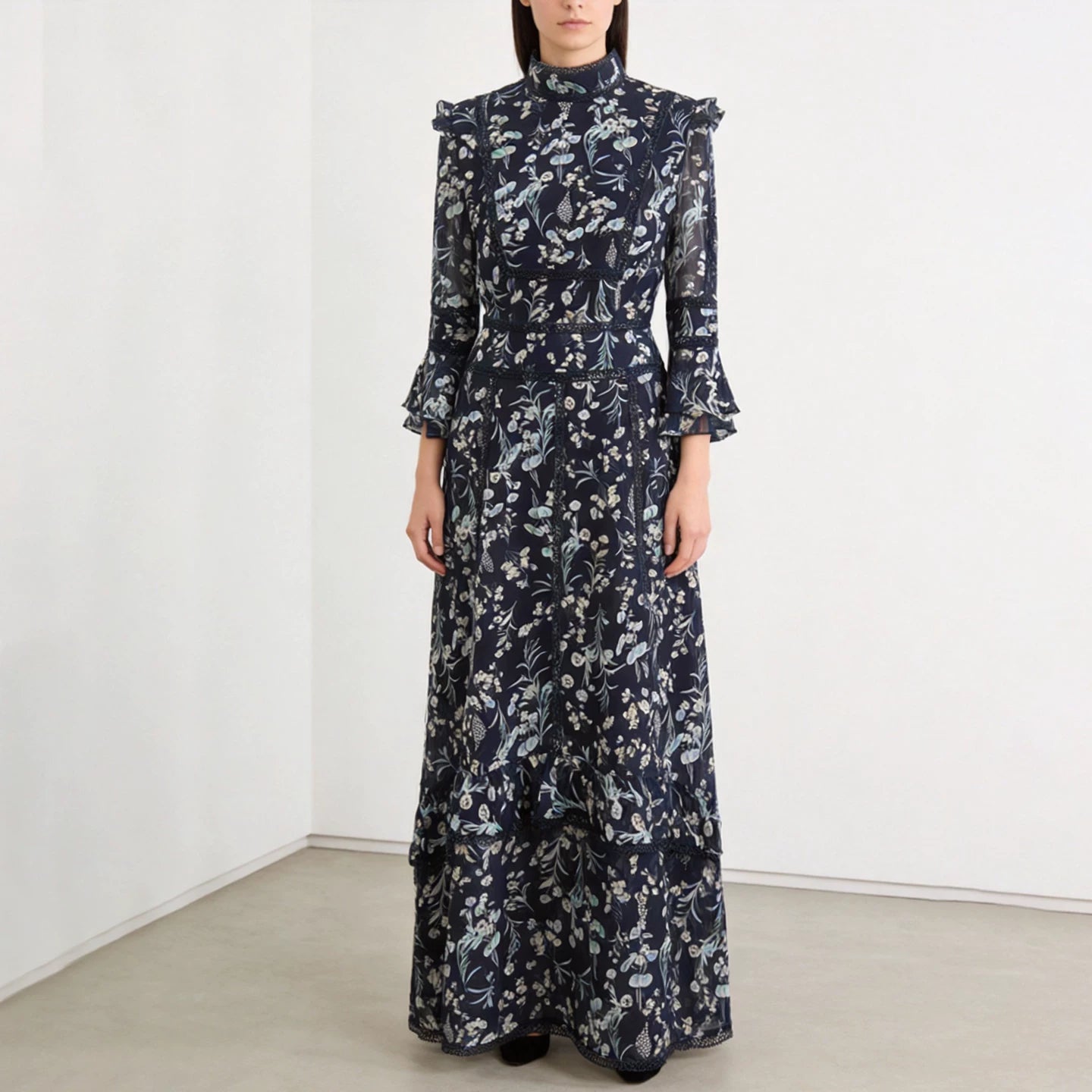 Mulberry Silk Long Dress with Lace Detailing