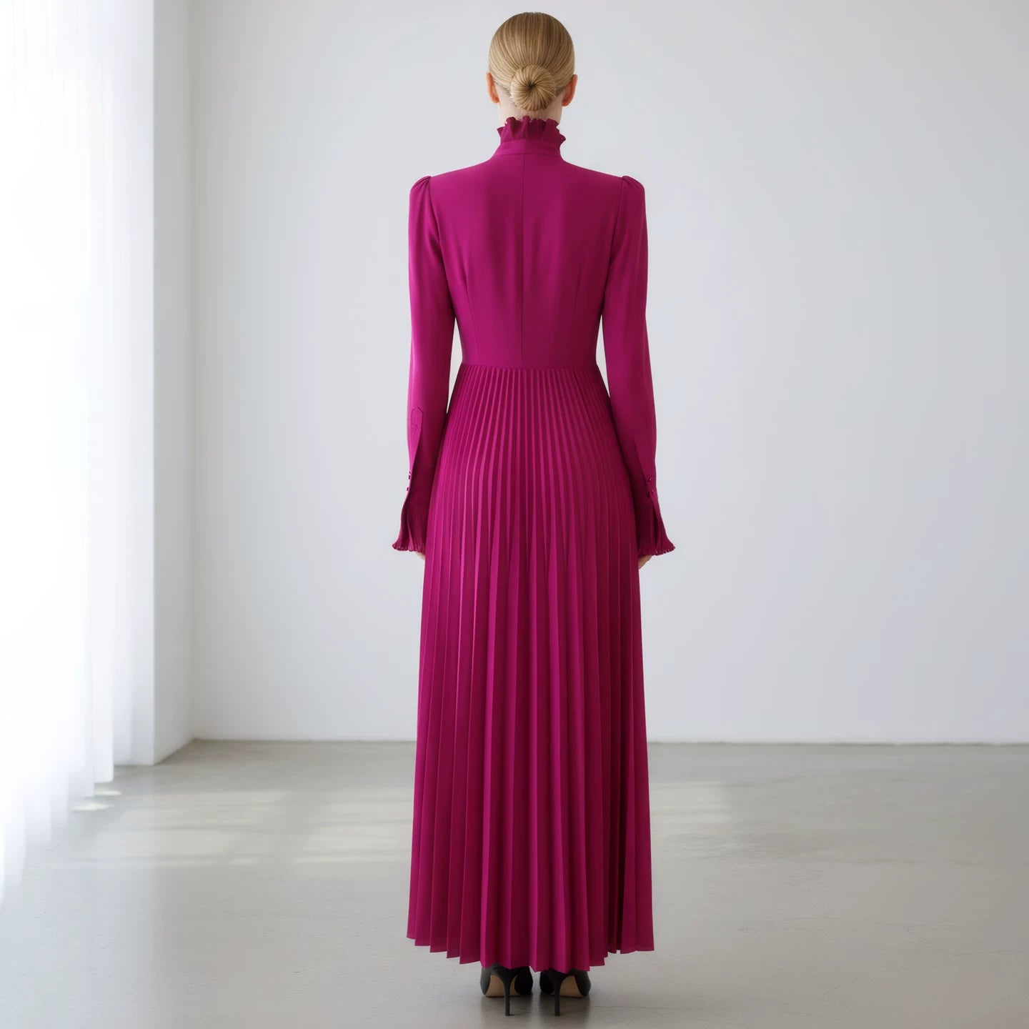 Polyester Long-Sleeve Dress with Pleated Skirt and Tie-Neck