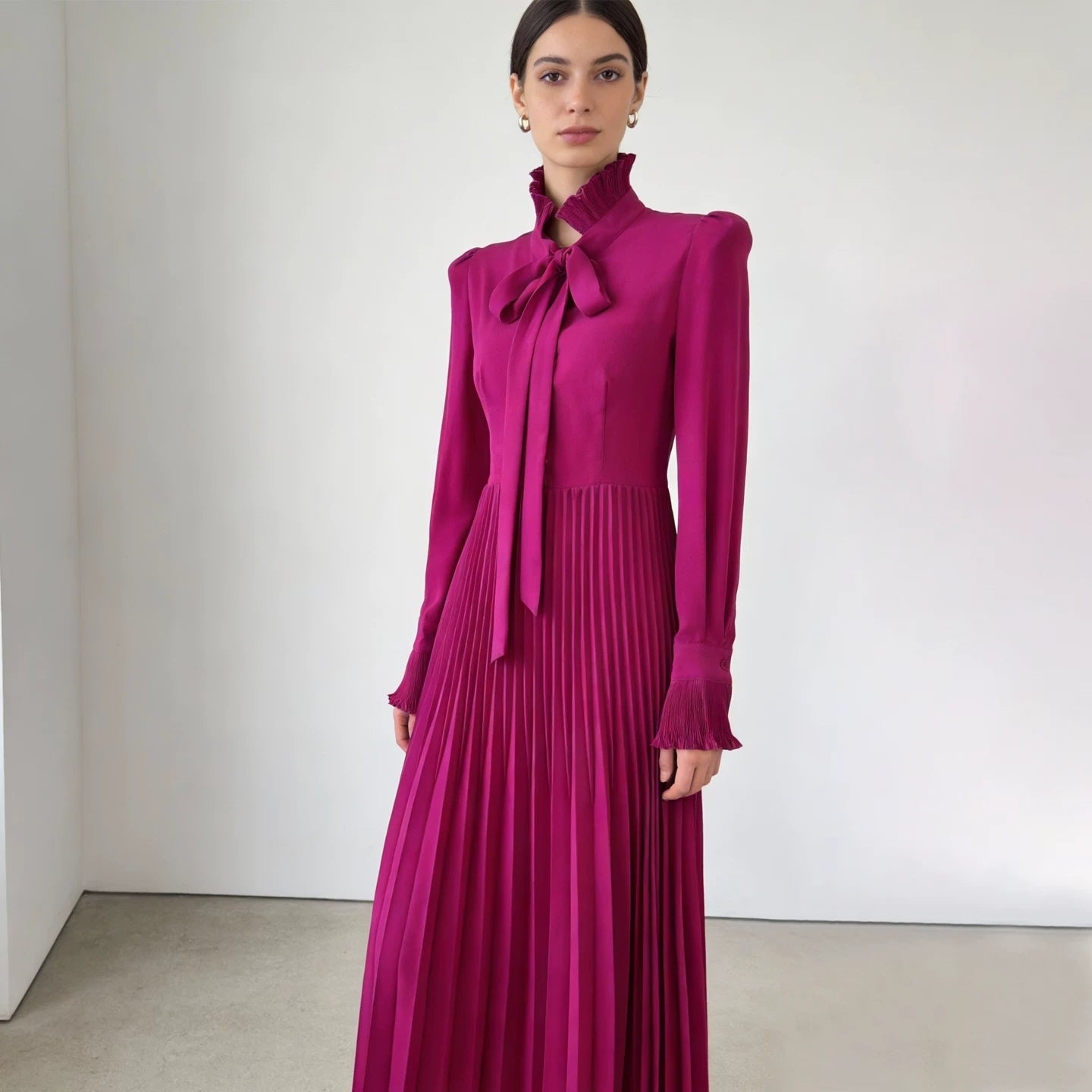 Polyester Long-Sleeve Dress with Pleated Skirt and Tie-Neck
