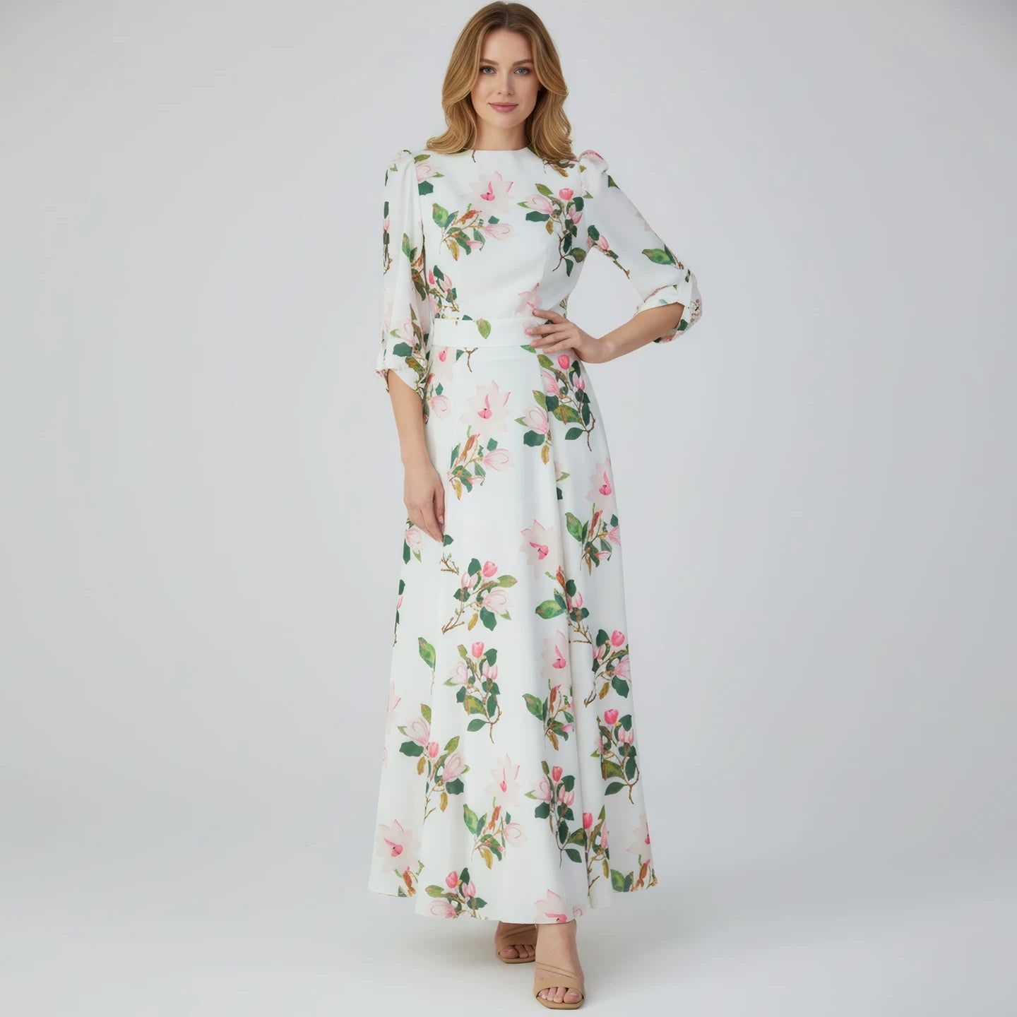 Satin Long Dress with Lantern Sleeves and Elegant Print