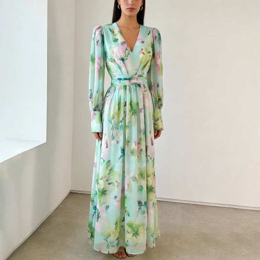 Polyester Green Printed Dress with V-Neck and Lantern Sleeves