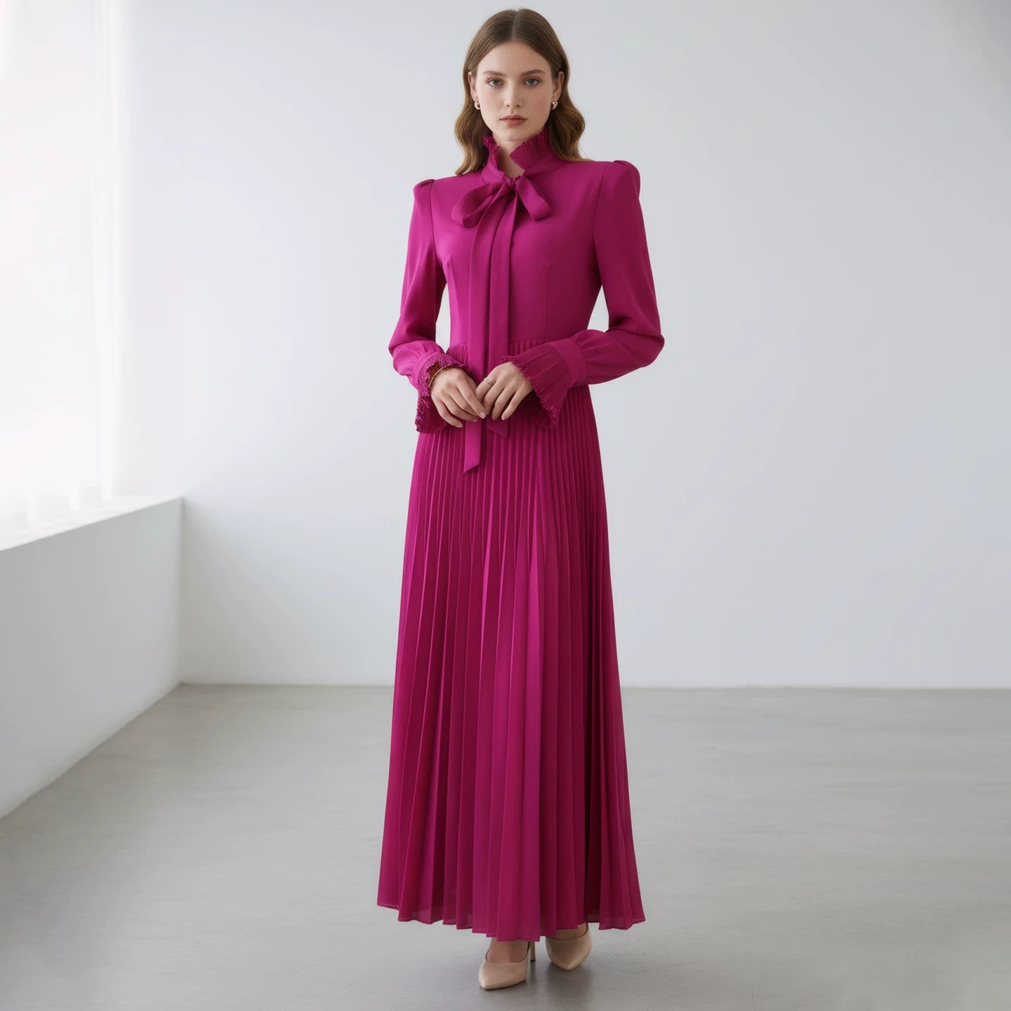 Polyester Long-Sleeve Dress with Pleated Skirt and Tie-Neck