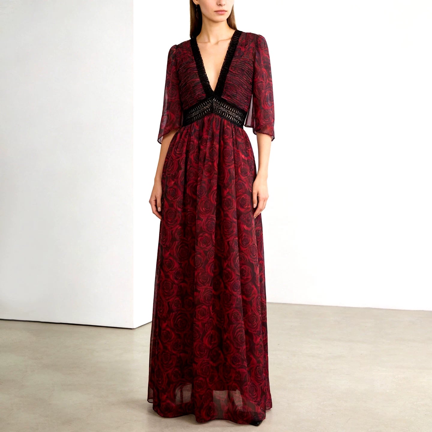 Lace V-Neck High Waist Dress with Rose Pattern