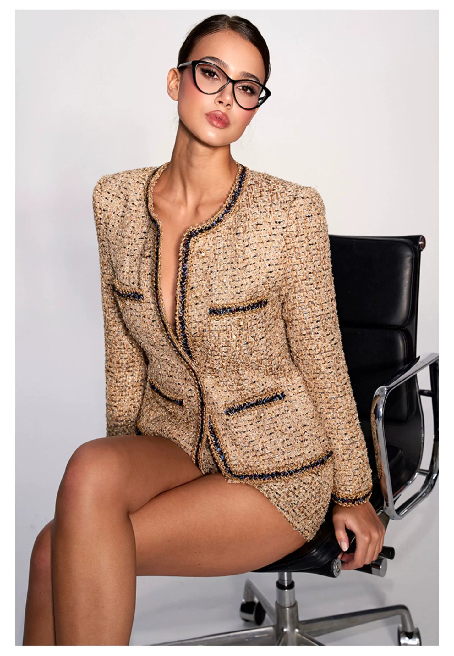 Elegant Two-Piece Set - Coat and Shorts with Gold Trim