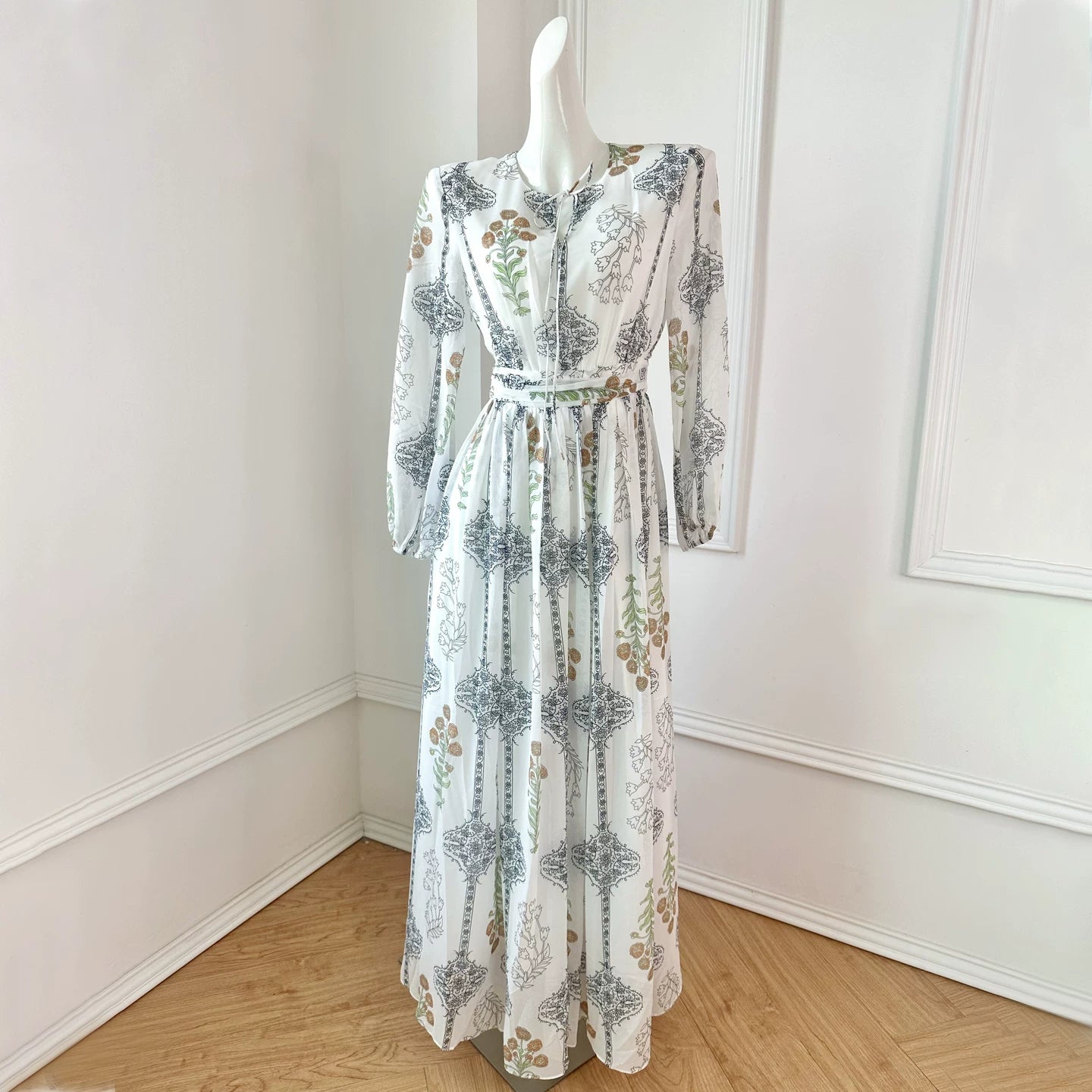 Polyester Floral Long Dress with Lace-Up Detail